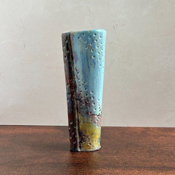 Studio Pottery Vase 8", Blue Yellow Pierced Ceramic - Picture 4 of 9